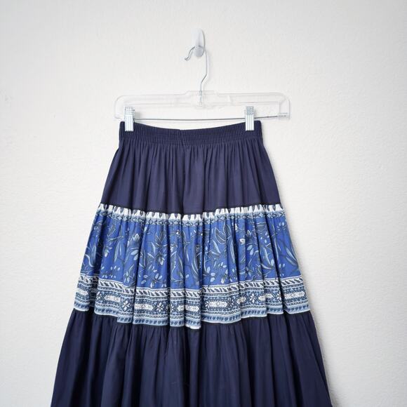 [Vintage] Atelier Provencal Blue Floral Striped Tiered Full Maxi Skirt Sz Medium - Picture 4 of 10